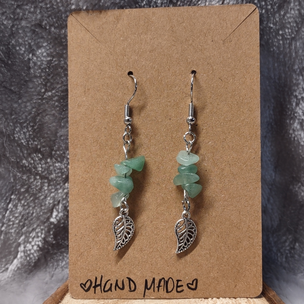 Handmade Green Agate Leaf Charm Earrings